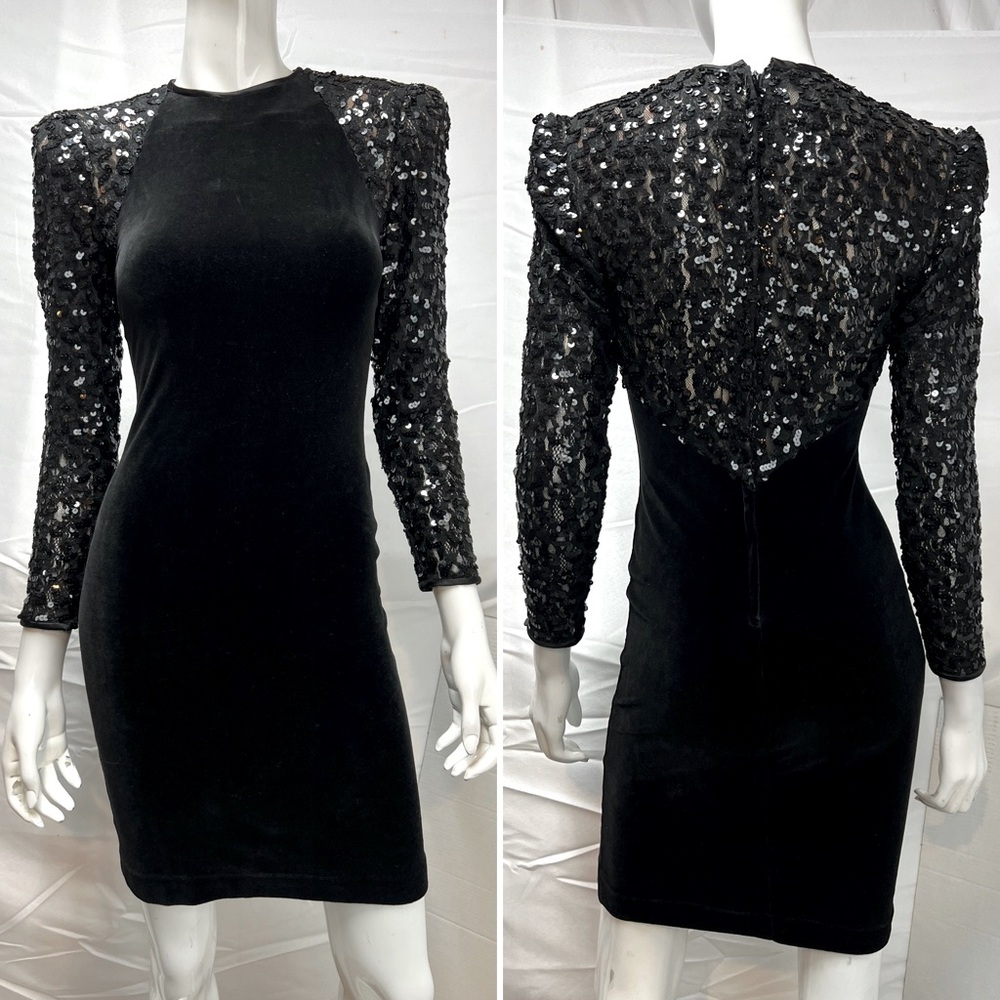 Vintage En Francais Black Velvet Sequins Lace Stretchy 80s 90s Bodycon Dress XS